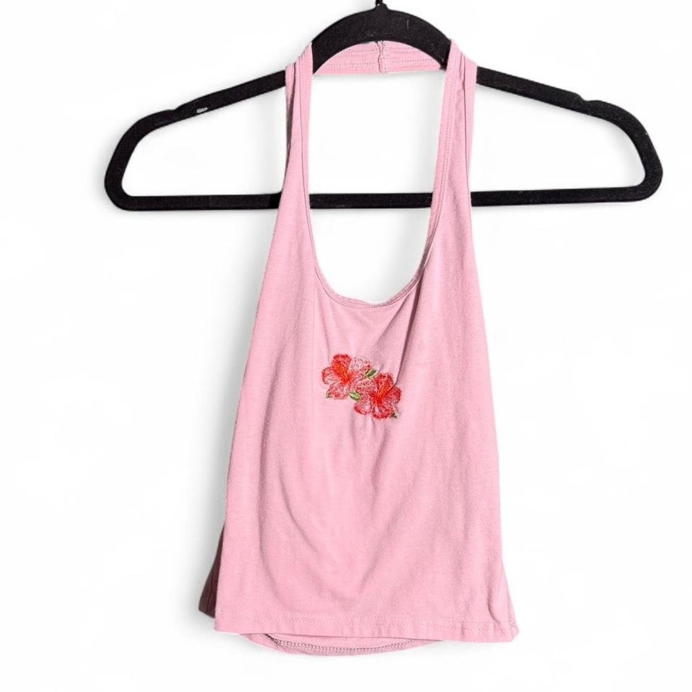 Honey‎ Peach size XS pink floral cropped halter tank top with open back